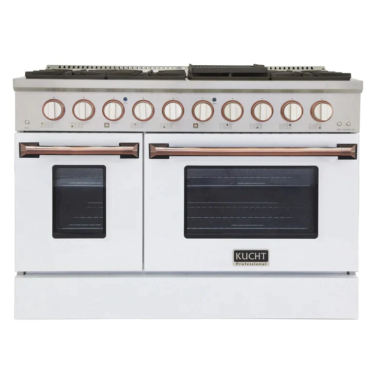 Kucht Signature 48-Inch Gas Range with Convection Oven in White with White Knob & Rose Gold Handle (KNG481-W-ROSE)