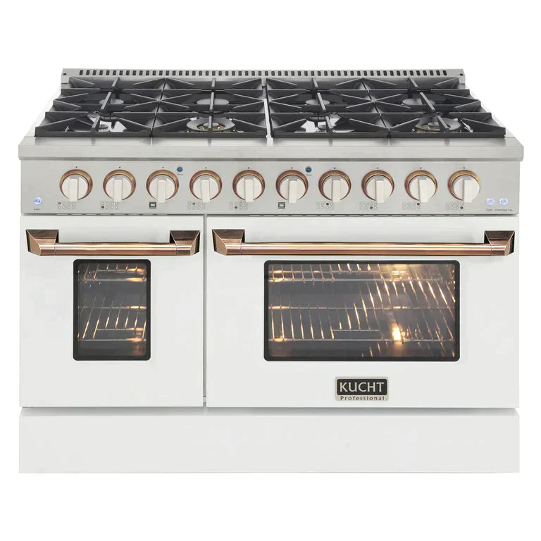 Kucht Signature 48-Inch Gas Range with Convection Oven in White with White Knobs & Gold Handle (KNG481-W-GOLD)