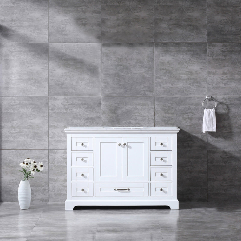 Lexora Dukes 48" White Single Vanity, White Carrara Marble Top, White Square Sink and no Mirror - LD342248SADS000