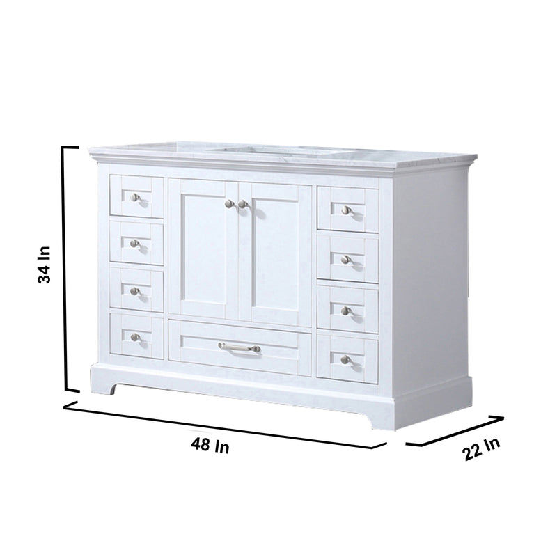 Lexora Dukes 48" White Single Vanity, White Carrara Marble Top, White Square Sink and no Mirror - LD342248SADS000