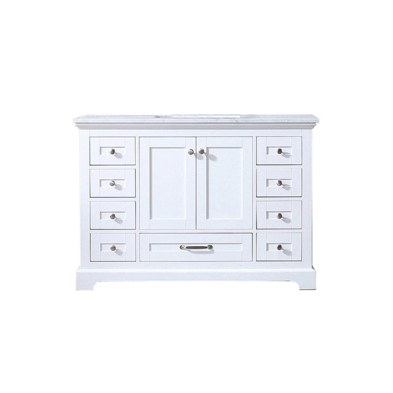 Lexora Dukes 48" White Single Vanity, White Carrara Marble Top, White Square Sink and no Mirror - LD342248SADS000