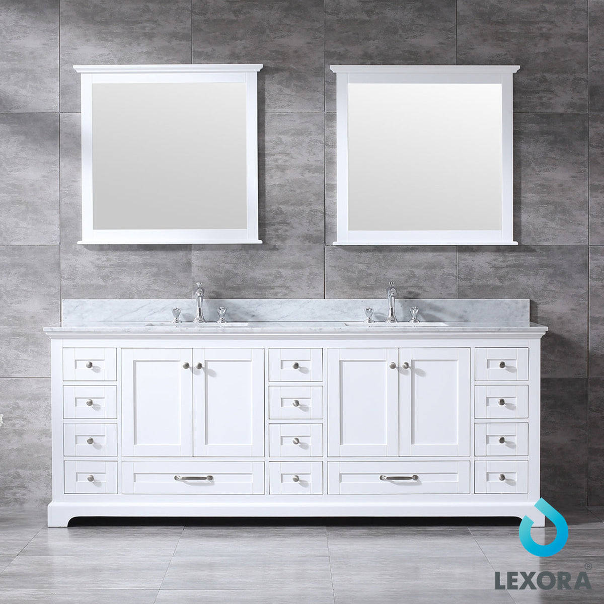Lexora Dukes 84" White Double Vanity, White Carrara Marble Top, White Square Sinks and 34" Mirrors w/ Faucets LD342284DADSM34F - MyBBQDirect