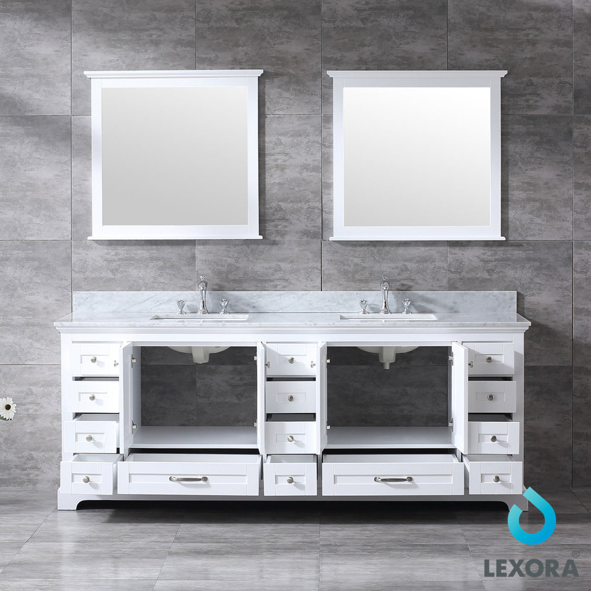 Lexora Dukes 84" White Double Vanity, White Carrara Marble Top, White Square Sinks and 34" Mirrors w/ Faucets LD342284DADSM34F - MyBBQDirect