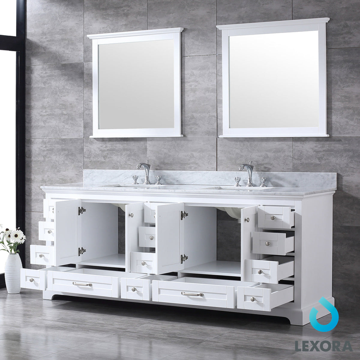 Lexora Dukes 84" White Double Vanity, White Carrara Marble Top, White Square Sinks and 34" Mirrors w/ Faucets LD342284DADSM34F - MyBBQDirect