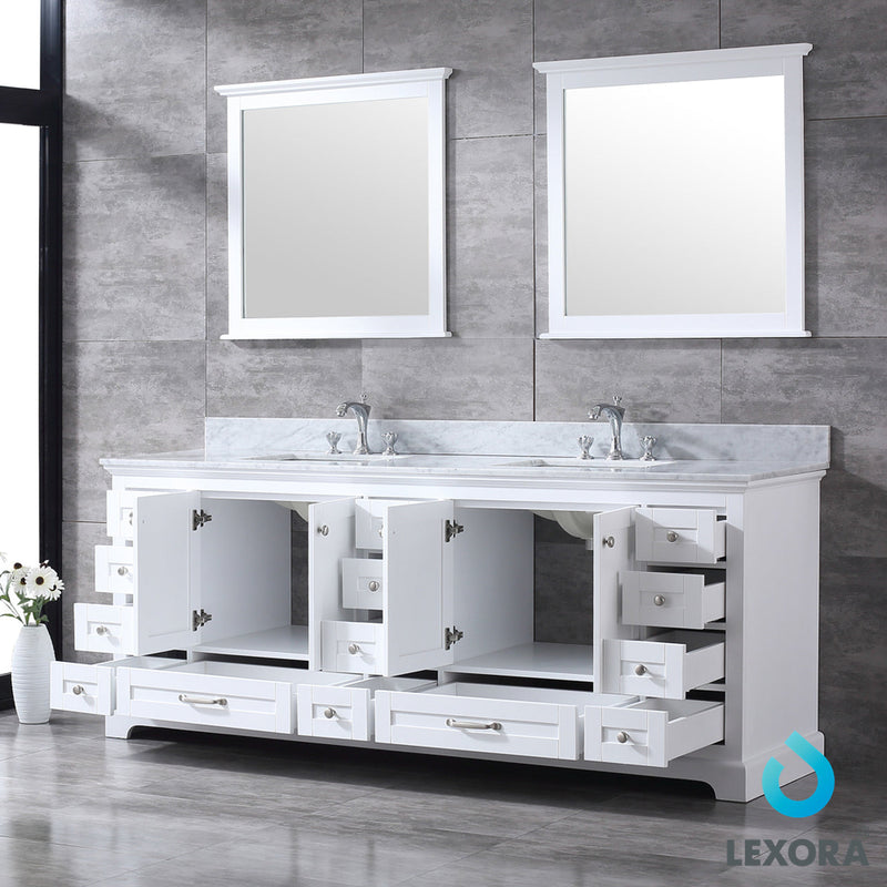 Lexora Dukes 84" White Double Vanity, White Carrara Marble Top, White Square Sinks and 34" Mirrors w/ Faucets LD342284DADSM34F