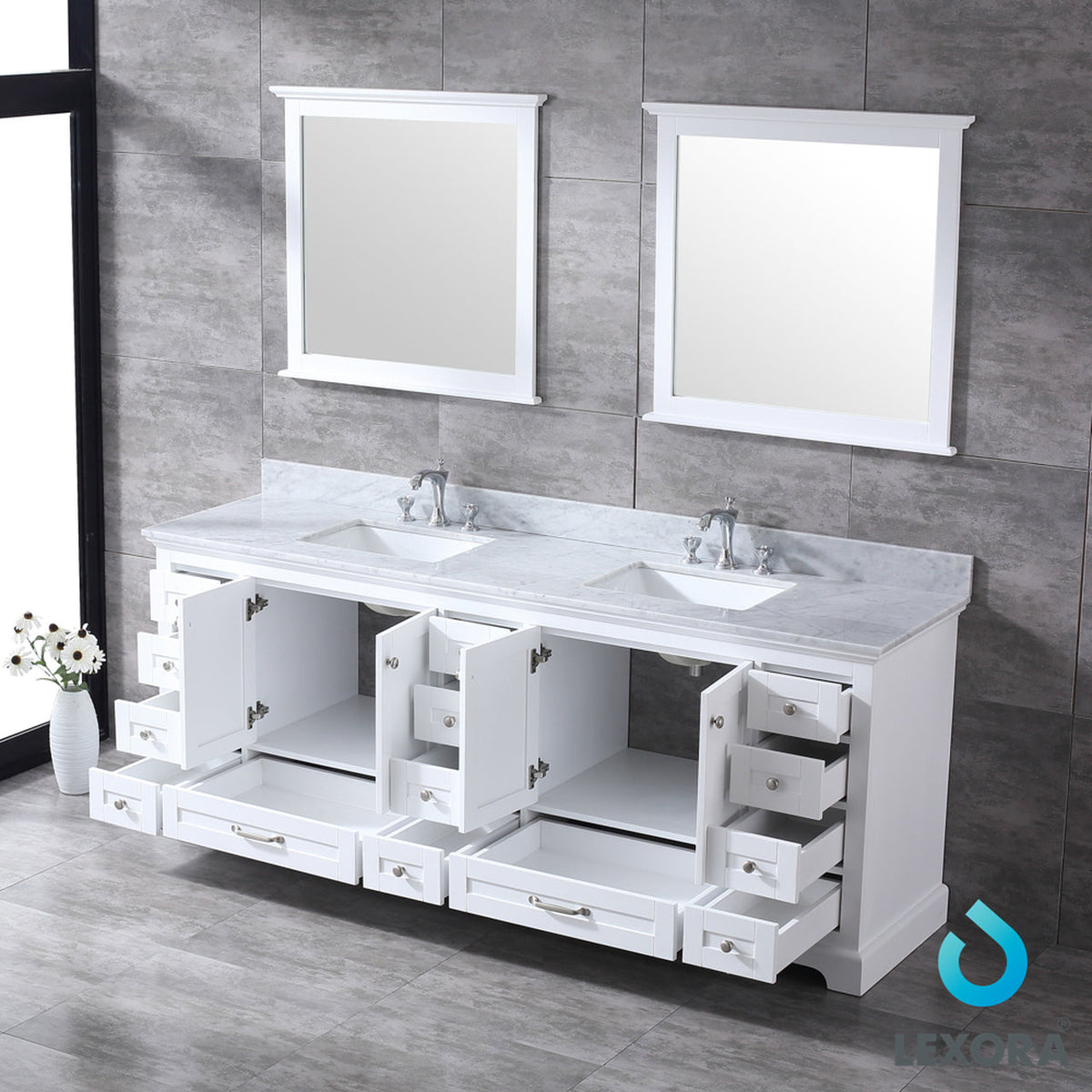Lexora Dukes 84" White Double Vanity, White Carrara Marble Top, White Square Sinks and 34" Mirrors w/ Faucets LD342284DADSM34F - MyBBQDirect