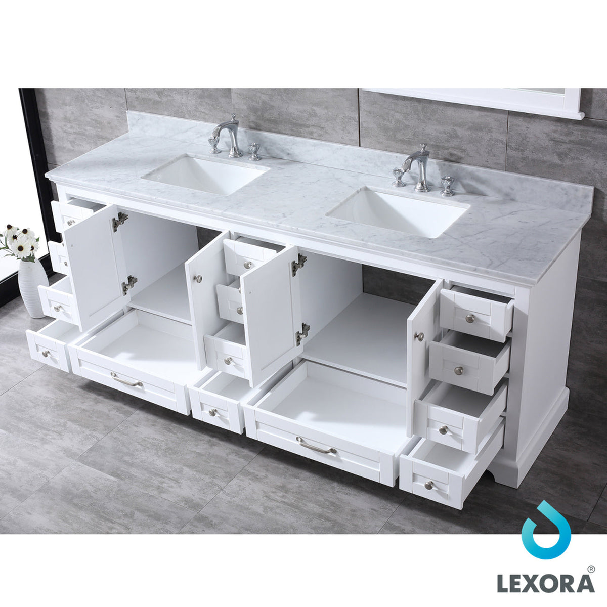 Lexora Dukes 84" White Double Vanity, White Carrara Marble Top, White Square Sinks and 34" Mirrors w/ Faucets LD342284DADSM34F - MyBBQDirect