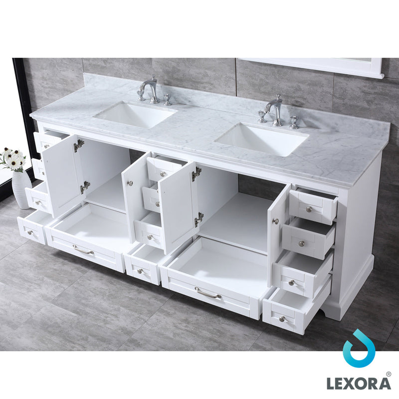 Lexora Dukes 84" White Double Vanity, White Carrara Marble Top, White Square Sinks and 34" Mirrors w/ Faucets LD342284DADSM34F