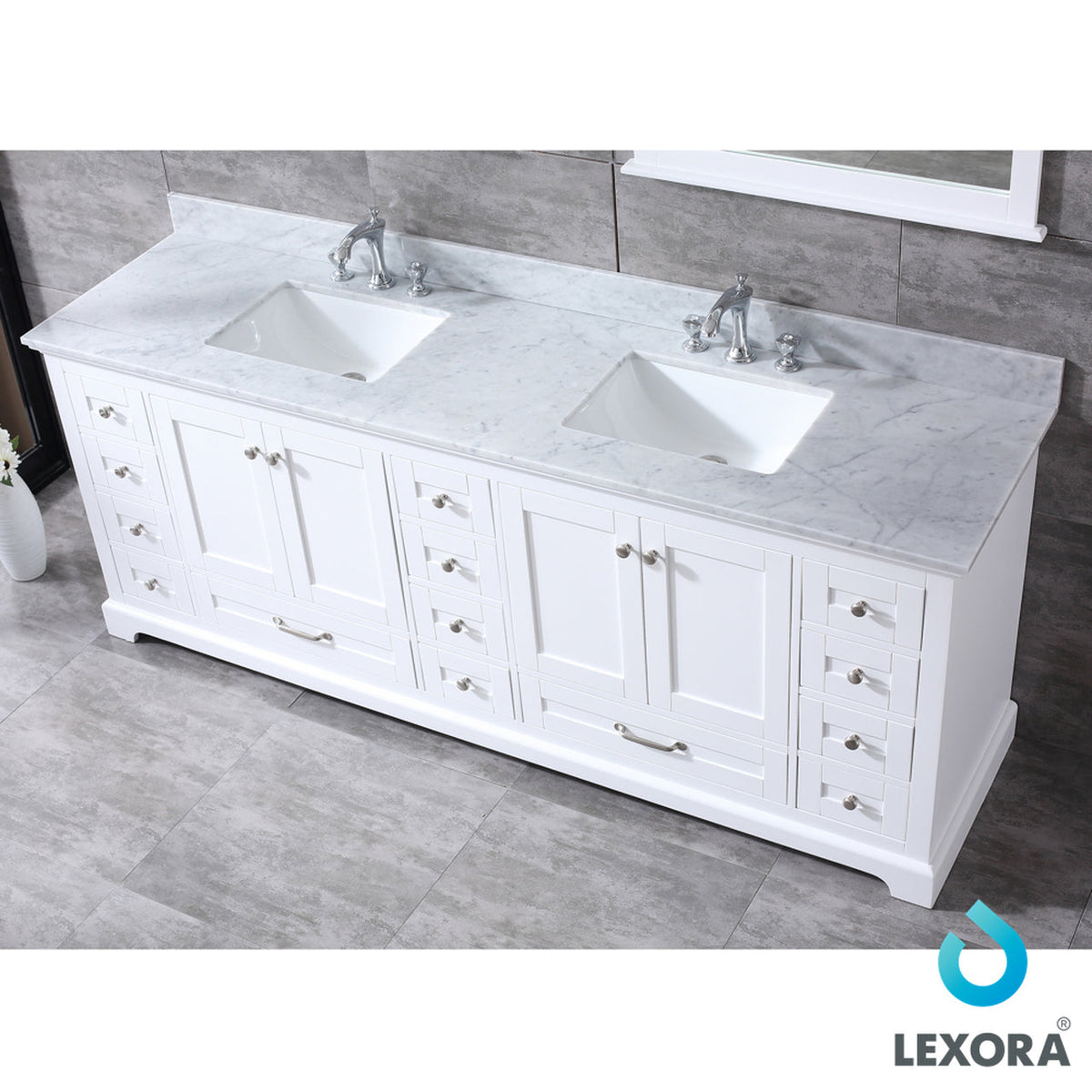 Lexora Dukes 84" White Double Vanity, White Carrara Marble Top, White Square Sinks and 34" Mirrors w/ Faucets LD342284DADSM34F - MyBBQDirect