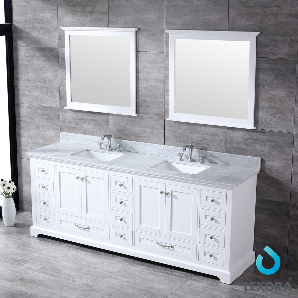 Lexora Dukes 84" White Double Vanity, White Carrara Marble Top, White Square Sinks and 34" Mirrors w/ Faucets LD342284DADSM34F - MyBBQDirect