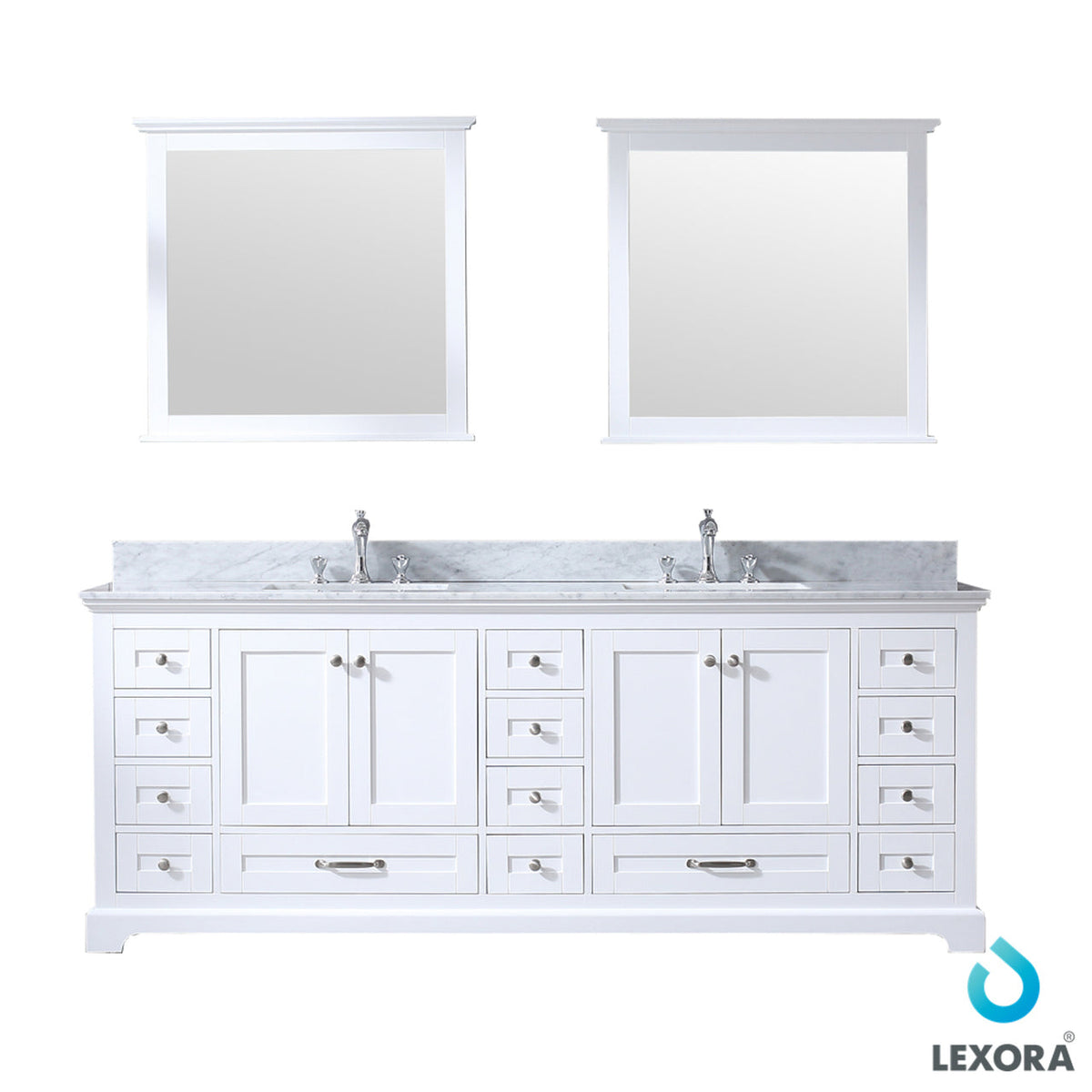 Lexora Dukes 84" White Double Vanity, White Carrara Marble Top, White Square Sinks and 34" Mirrors w/ Faucets LD342284DADSM34F - MyBBQDirect