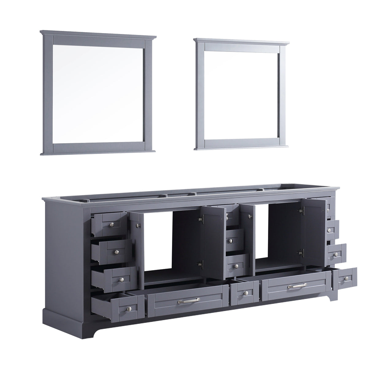Lexora Dukes 84" Dark Grey Double Vanity, no Top and 34" Mirrors LD342284DB00M34 - MyBBQDirect