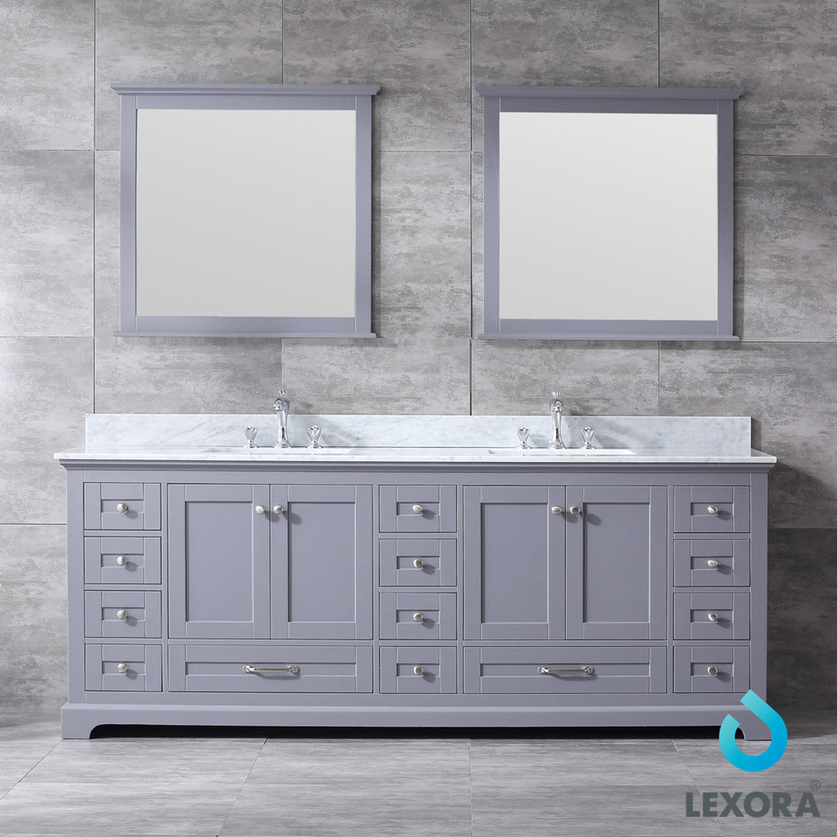 Lexora Dukes 84" Dark Grey Double Vanity, White Carrara Marble Top, White Square Sinks and 34" Mirrors LD342284DBDSM34 - MyBBQDirect