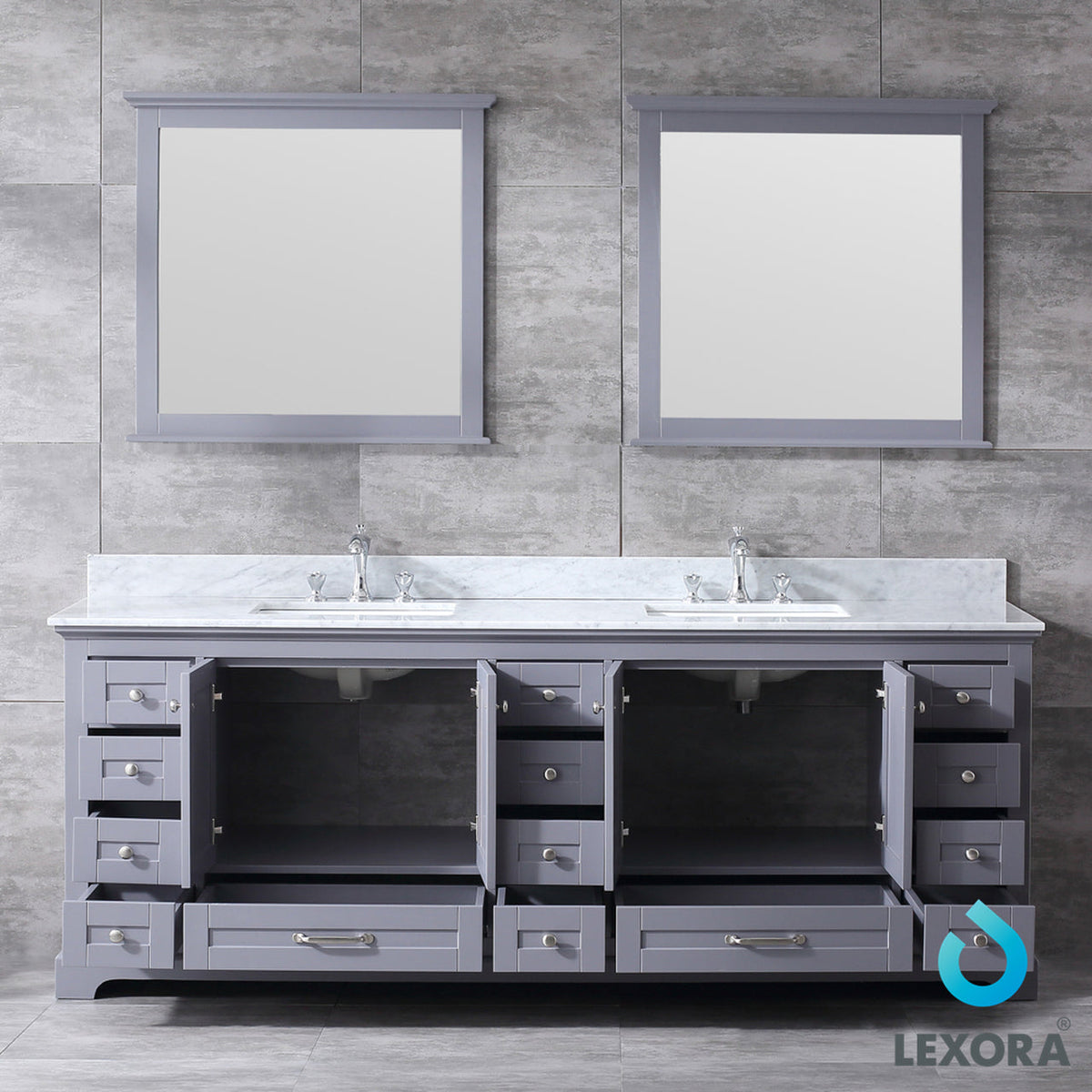 Lexora Dukes 84" Dark Grey Double Vanity, White Carrara Marble Top, White Square Sinks and 34" Mirrors LD342284DBDSM34 - MyBBQDirect