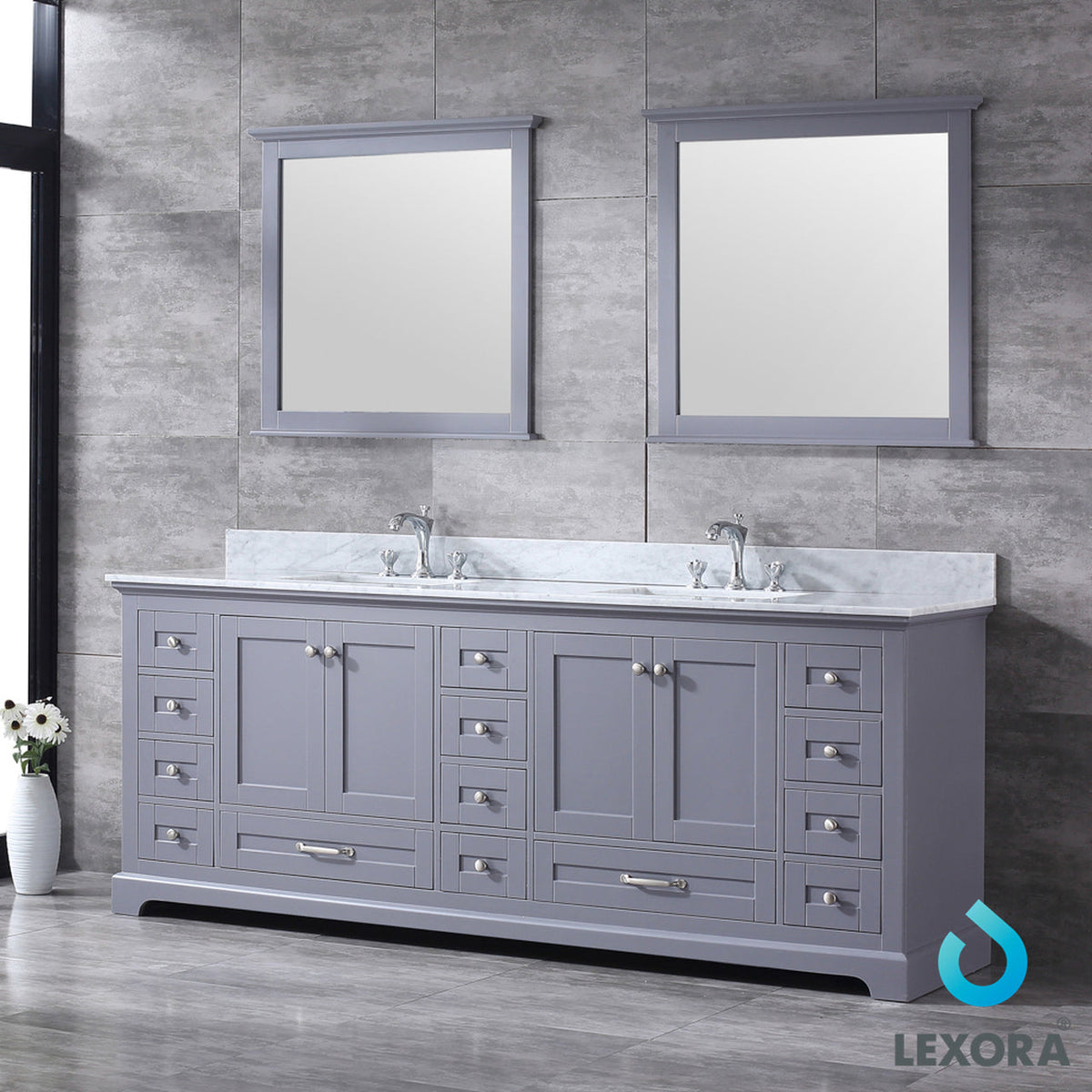 Lexora Dukes 84" Dark Grey Double Vanity, White Carrara Marble Top, White Square Sinks and 34" Mirrors LD342284DBDSM34 - MyBBQDirect