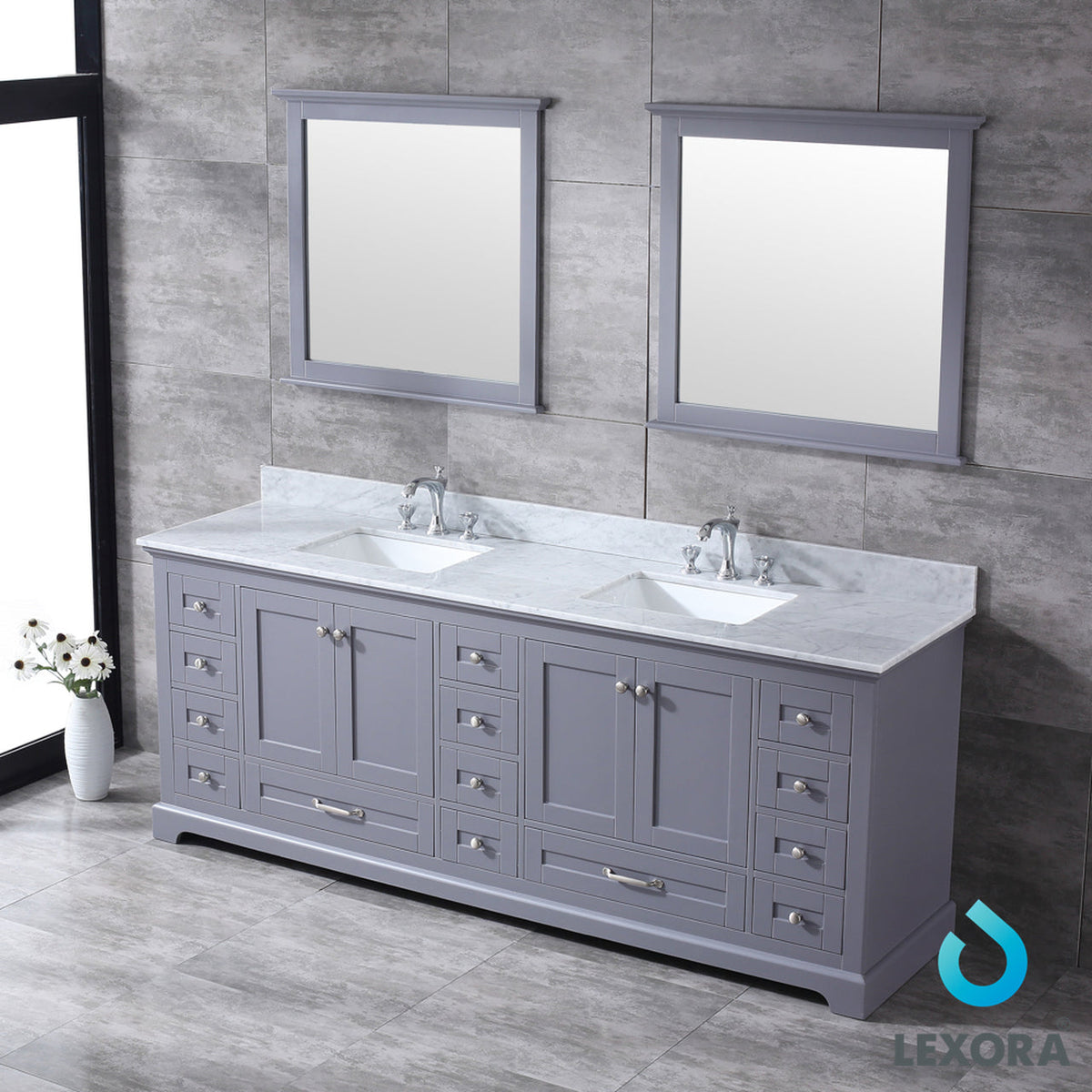 Lexora Dukes 84" Dark Grey Double Vanity, White Carrara Marble Top, White Square Sinks and 34" Mirrors LD342284DBDSM34 - MyBBQDirect