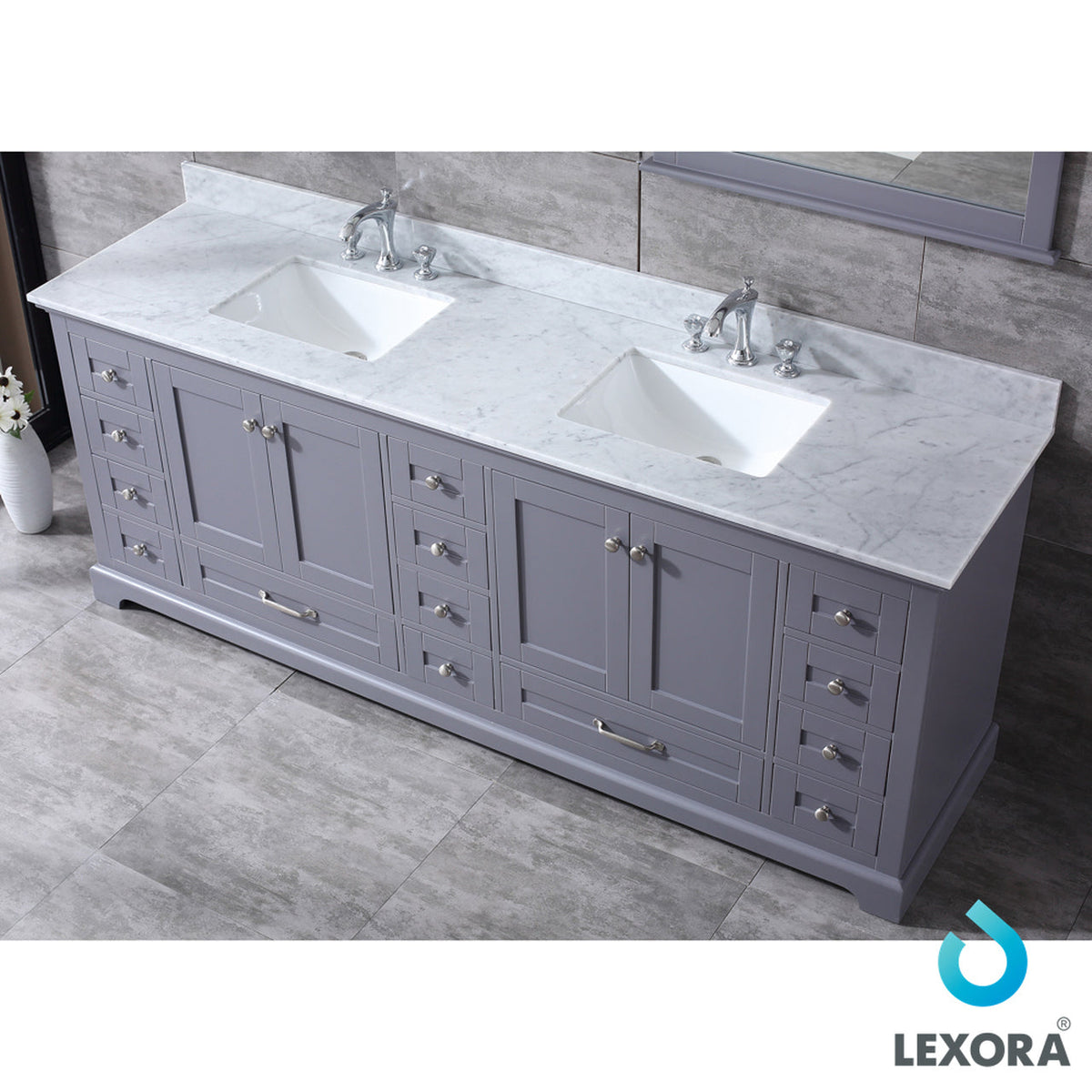 Lexora Dukes 84" Dark Grey Double Vanity, White Carrara Marble Top, White Square Sinks and 34" Mirrors LD342284DBDSM34 - MyBBQDirect