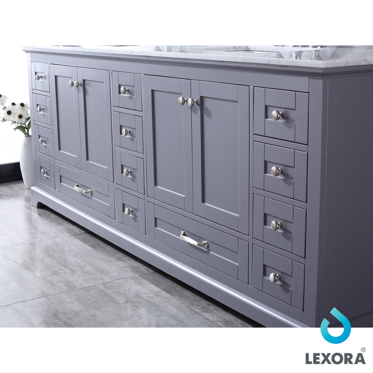 Lexora Dukes 84" Dark Grey Double Vanity, White Carrara Marble Top, White Square Sinks and 34" Mirrors LD342284DBDSM34 - MyBBQDirect