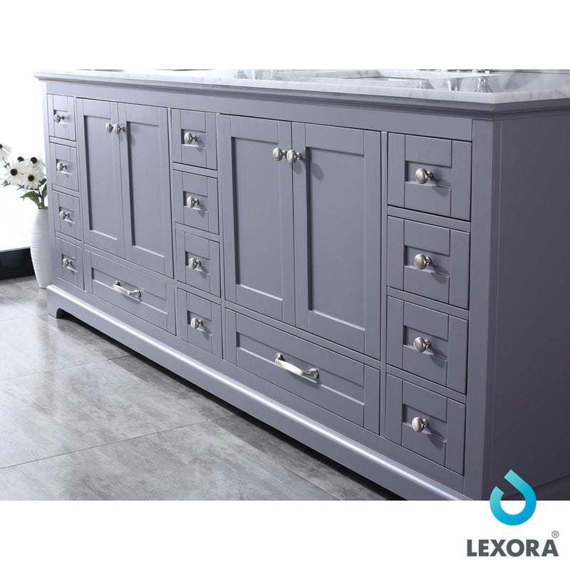 Lexora Dukes 84" Dark Grey Double Vanity, White Carrara Marble Top, White Square Sinks and 34" Mirrors LD342284DBDSM34