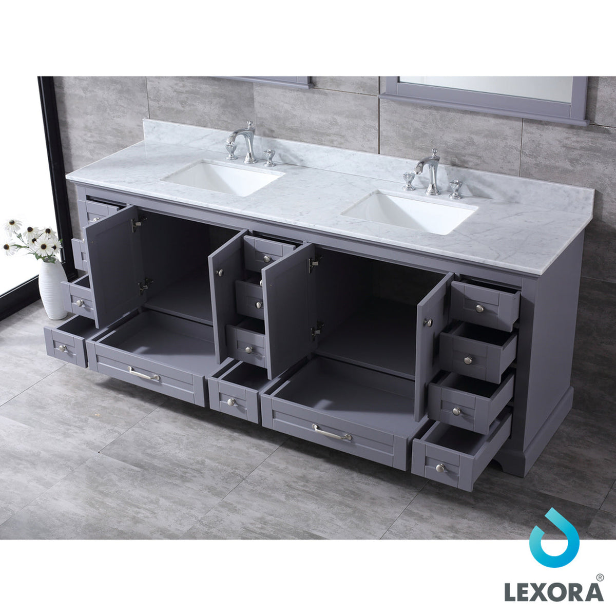 Lexora Dukes 84" Dark Grey Double Vanity, White Carrara Marble Top, White Square Sinks and 34" Mirrors LD342284DBDSM34 - MyBBQDirect