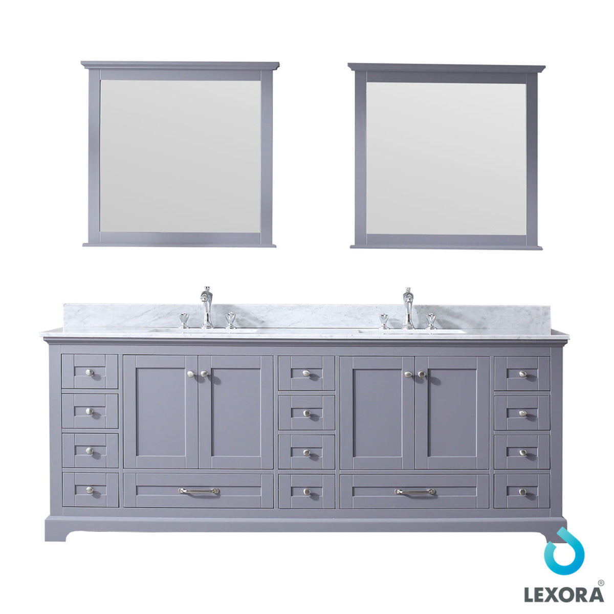 Lexora Dukes 84" Dark Grey Double Vanity, White Carrara Marble Top, White Square Sinks and 34" Mirrors LD342284DBDSM34 - MyBBQDirect