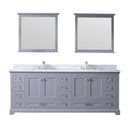 Lexora Dukes 84" Dark Grey Double Vanity, White Carrara Marble Top, White Square Sinks and 34" Mirrors LD342284DBDSM34