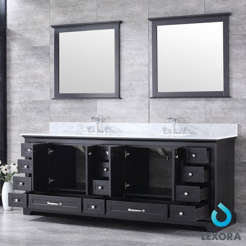 Lexora Dukes 84" Espresso Double Vanity, White Carrara Marble Top, White Square Sinks and 34" Mirrors LD342284DGDSM34