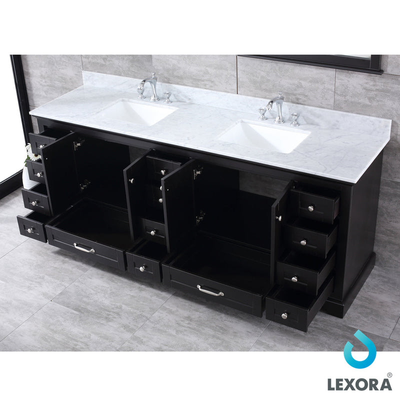 Lexora Dukes 84" Espresso Double Vanity, White Carrara Marble Top, White Square Sinks and 34" Mirrors LD342284DGDSM34