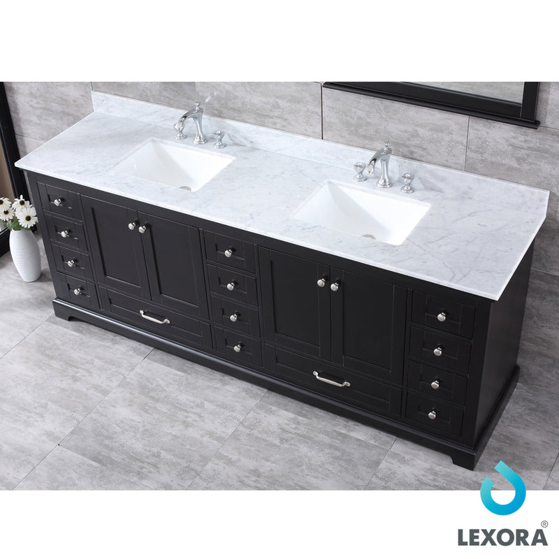 Lexora Dukes 84" Espresso Double Vanity, White Carrara Marble Top, White Square Sinks and 34" Mirrors LD342284DGDSM34