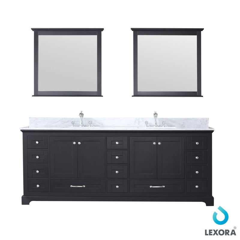 Lexora Dukes 84" Espresso Double Vanity, White Carrara Marble Top, White Square Sinks and 34" Mirrors LD342284DGDSM34