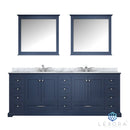 Lexora Dukes 84" Navy Blue Double Vanity, White Carrara Marble Top, White Square Sinks and 34" Mirrors LD342284DEDSM34