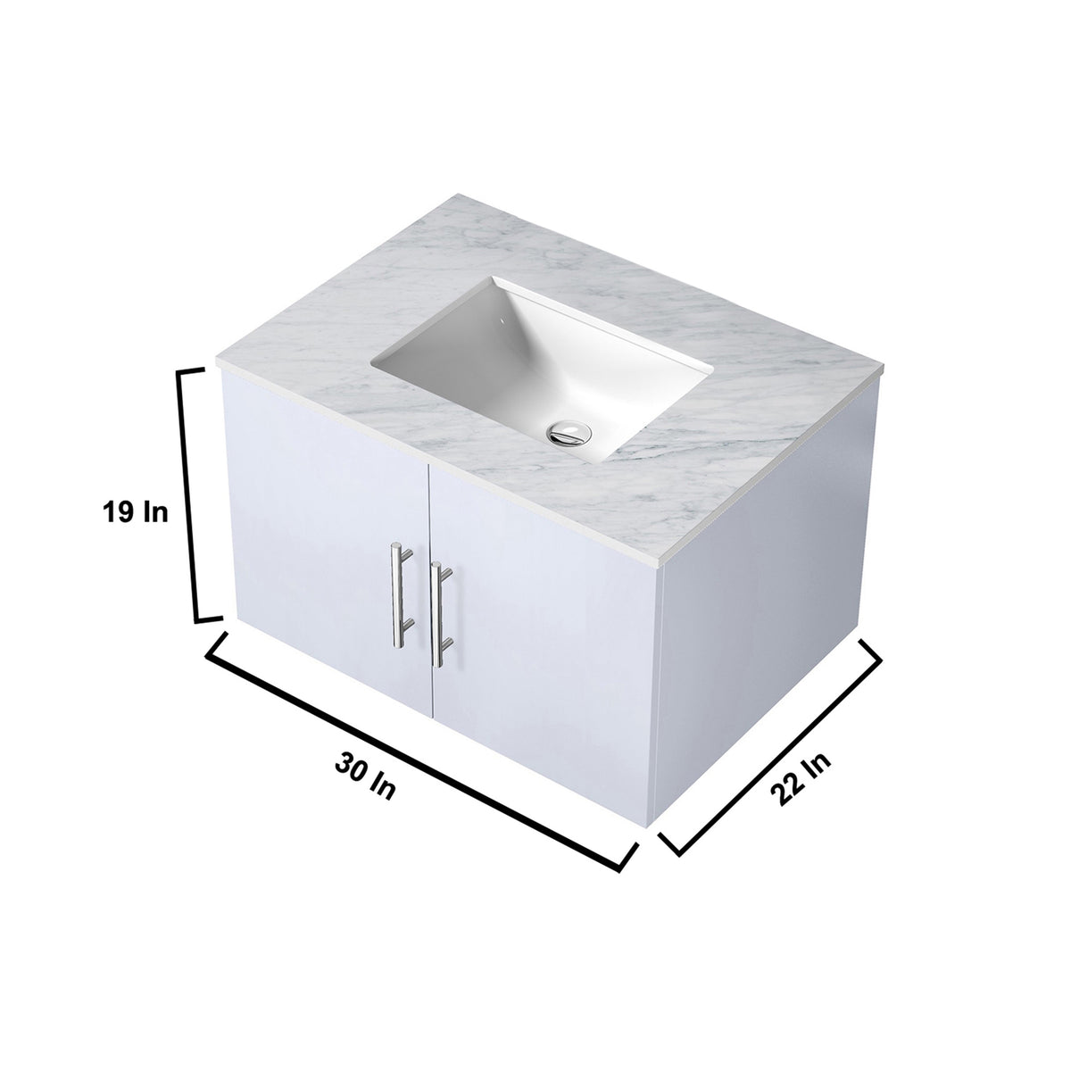 Lexora Geneva 30" Glossy White Single Vanity, White Carrara Marble Top, White Square Sink and no Mirror LG192230DMDS000 - MyBBQDirect