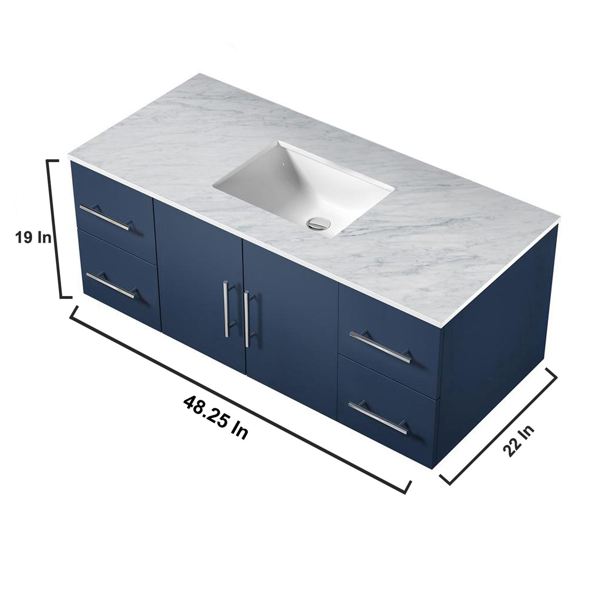 Lexora Geneva 48" Navy Blue Single Vanity, White Carrara Marble Top, White Square Sink and no Mirror LG192248DEDS000 - MyBBQDirect