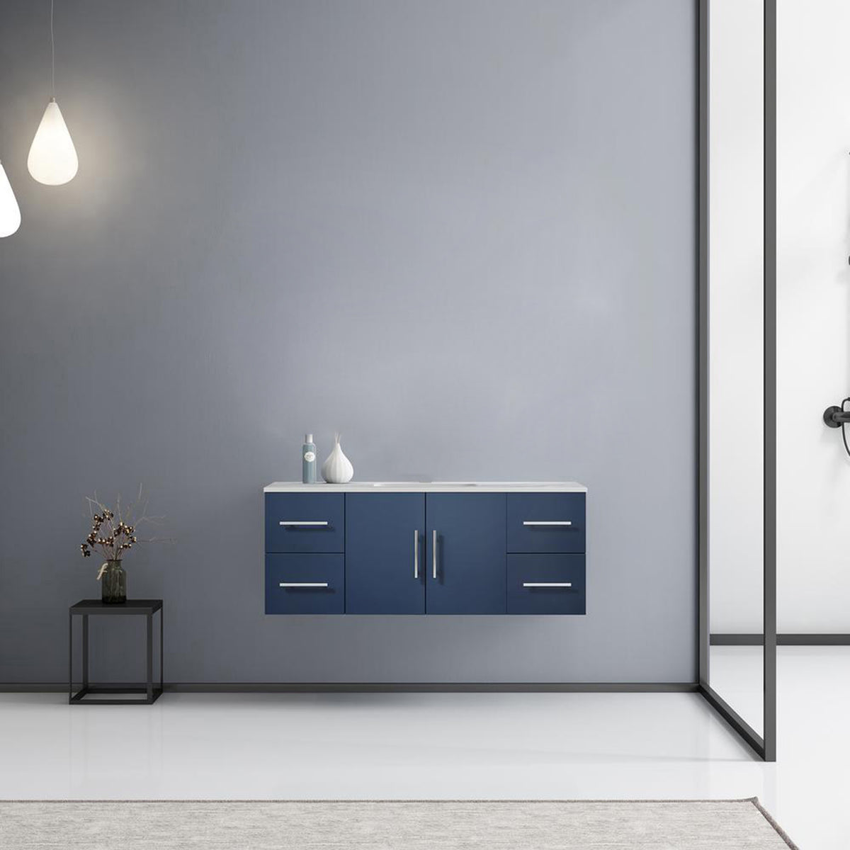 Lexora Geneva 48" Navy Blue Single Vanity, White Carrara Marble Top, White Square Sink and no Mirror LG192248DEDS000 - MyBBQDirect