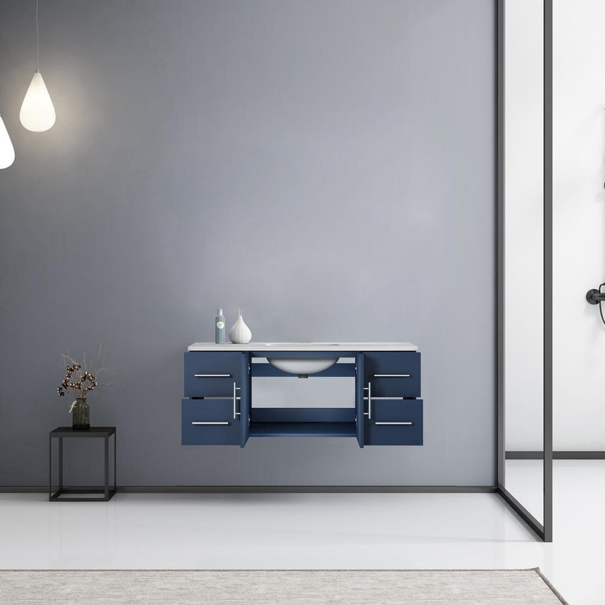 Lexora Geneva 48" Navy Blue Single Vanity, White Carrara Marble Top, White Square Sink and no Mirror LG192248DEDS000 - MyBBQDirect