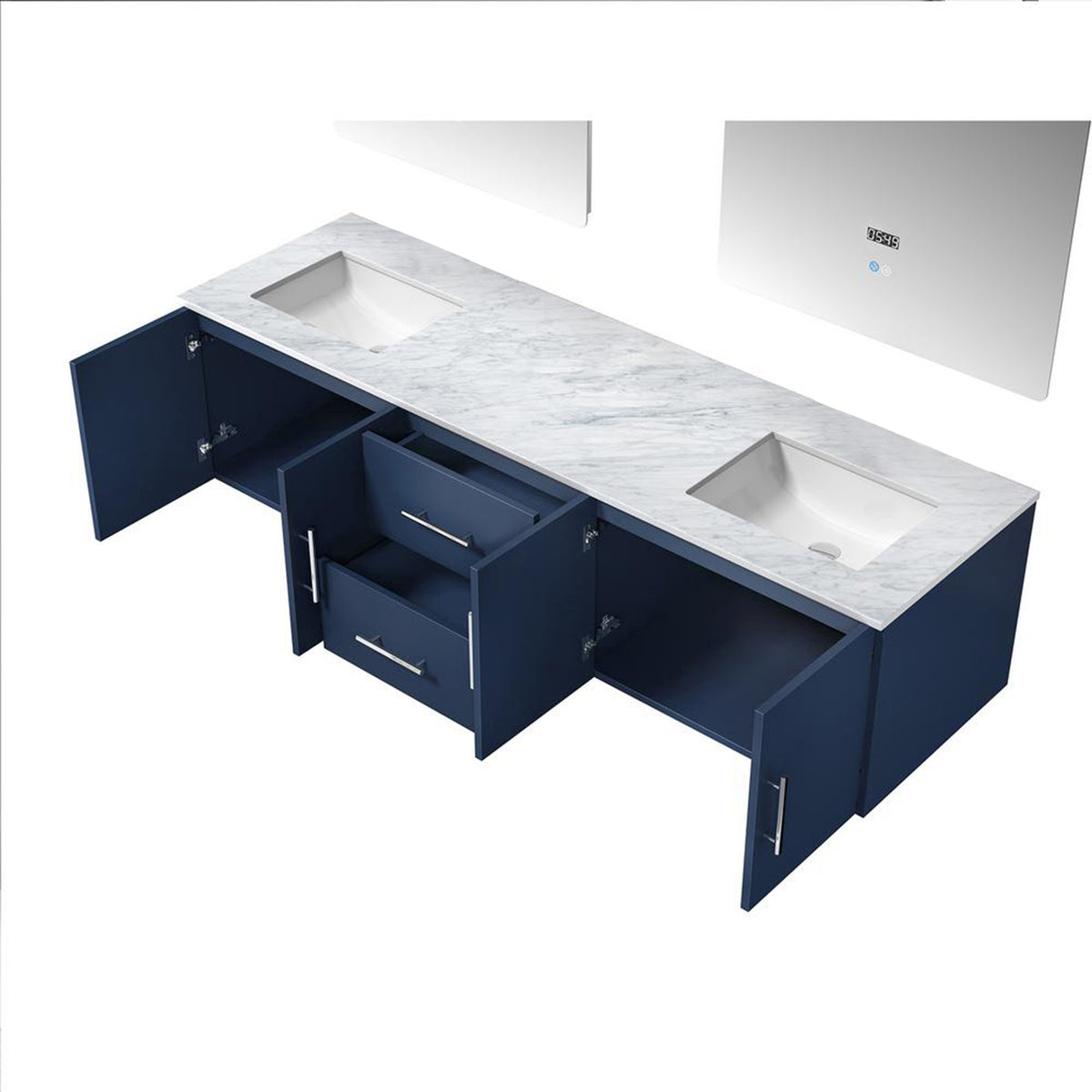 Lexora Geneva 72" Navy Blue Double Vanity, White Carrara Marble Top, White Square Sinks and 30" LED Mirrors - LG192272DEDSLM30 - MyBBQDirect