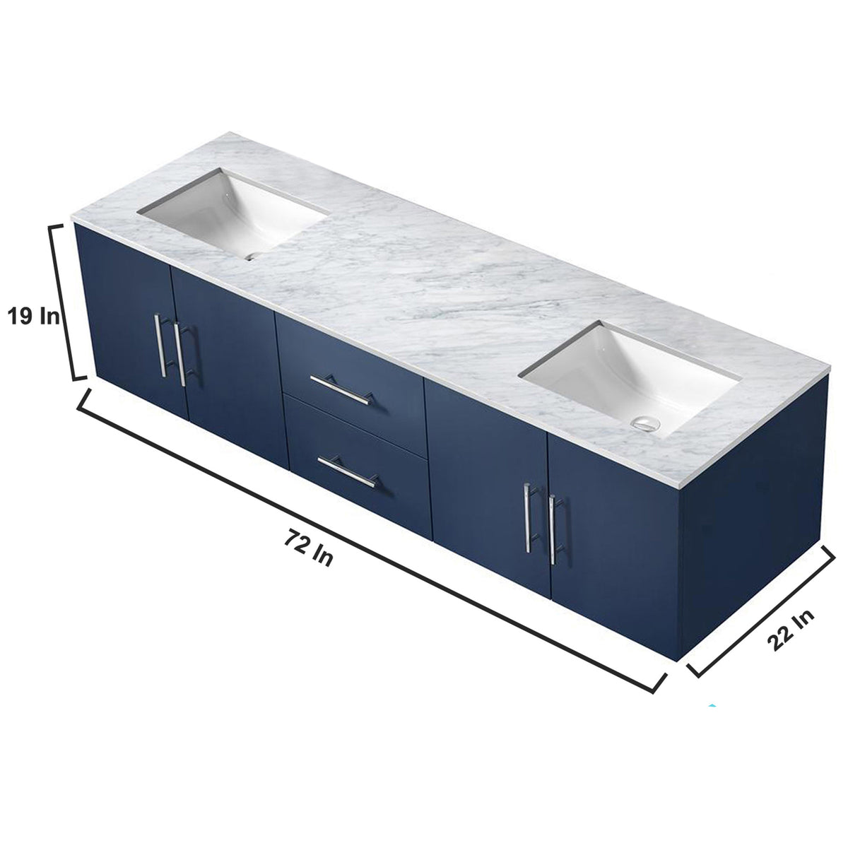 Lexora Geneva 72" Navy Blue Double Vanity, White Carrara Marble Top, White Square Sinks and 30" LED Mirrors - LG192272DEDSLM30 - MyBBQDirect
