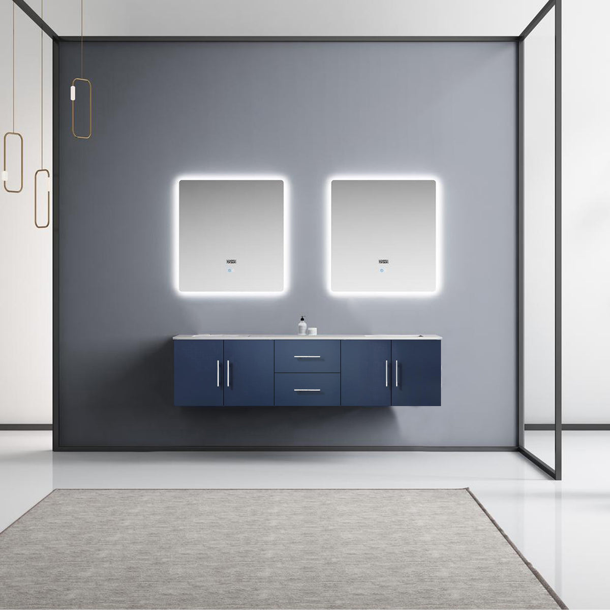 Lexora Geneva 72" Navy Blue Double Vanity, White Carrara Marble Top, White Square Sinks and 30" LED Mirrors - LG192272DEDSLM30 - MyBBQDirect