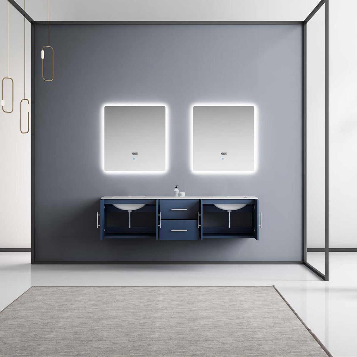 Lexora Geneva 72" Navy Blue Double Vanity, White Carrara Marble Top, White Square Sinks and 30" LED Mirrors - LG192272DEDSLM30 - MyBBQDirect