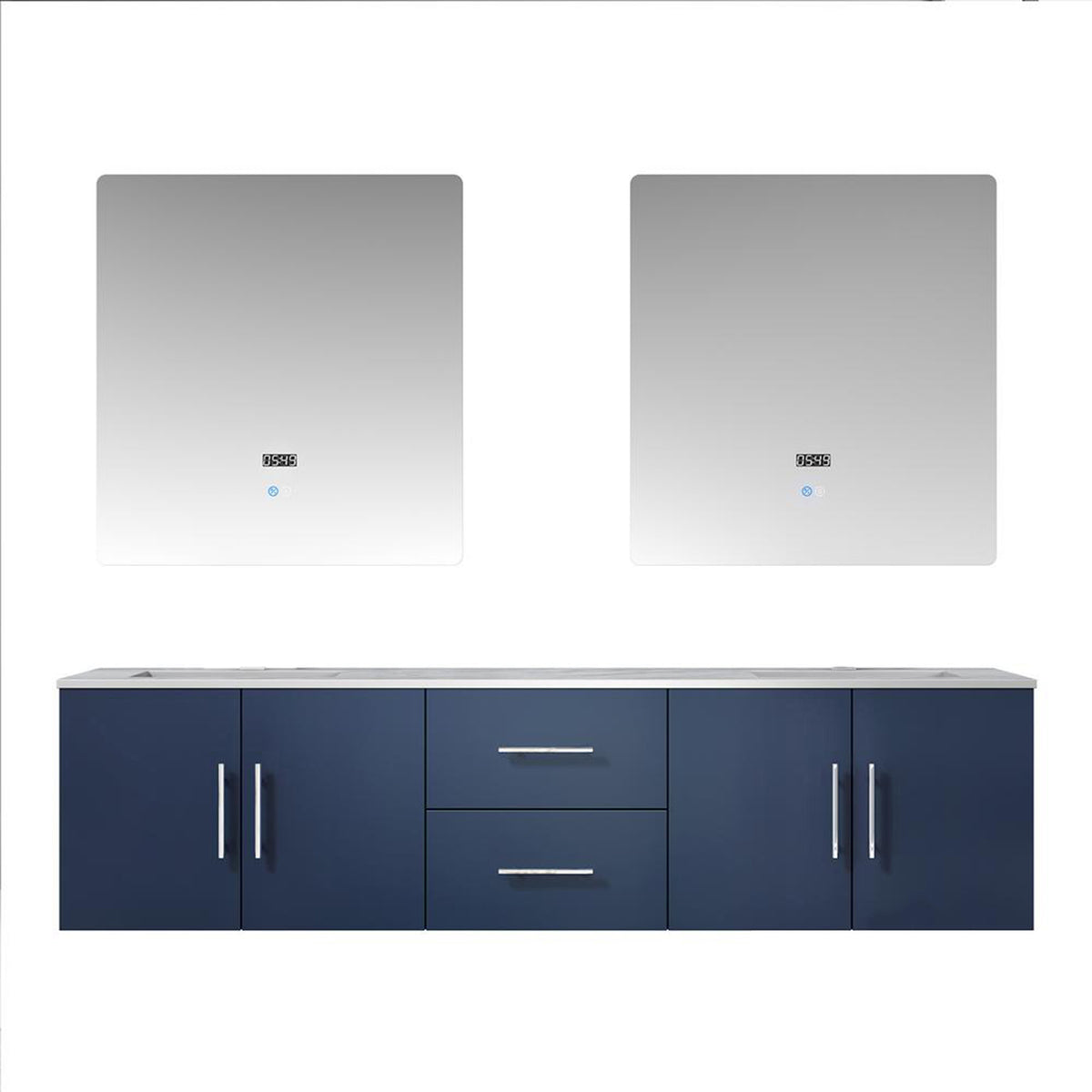 Lexora Geneva 72" Navy Blue Double Vanity, White Carrara Marble Top, White Square Sinks and 30" LED Mirrors - LG192272DEDSLM30 - MyBBQDirect