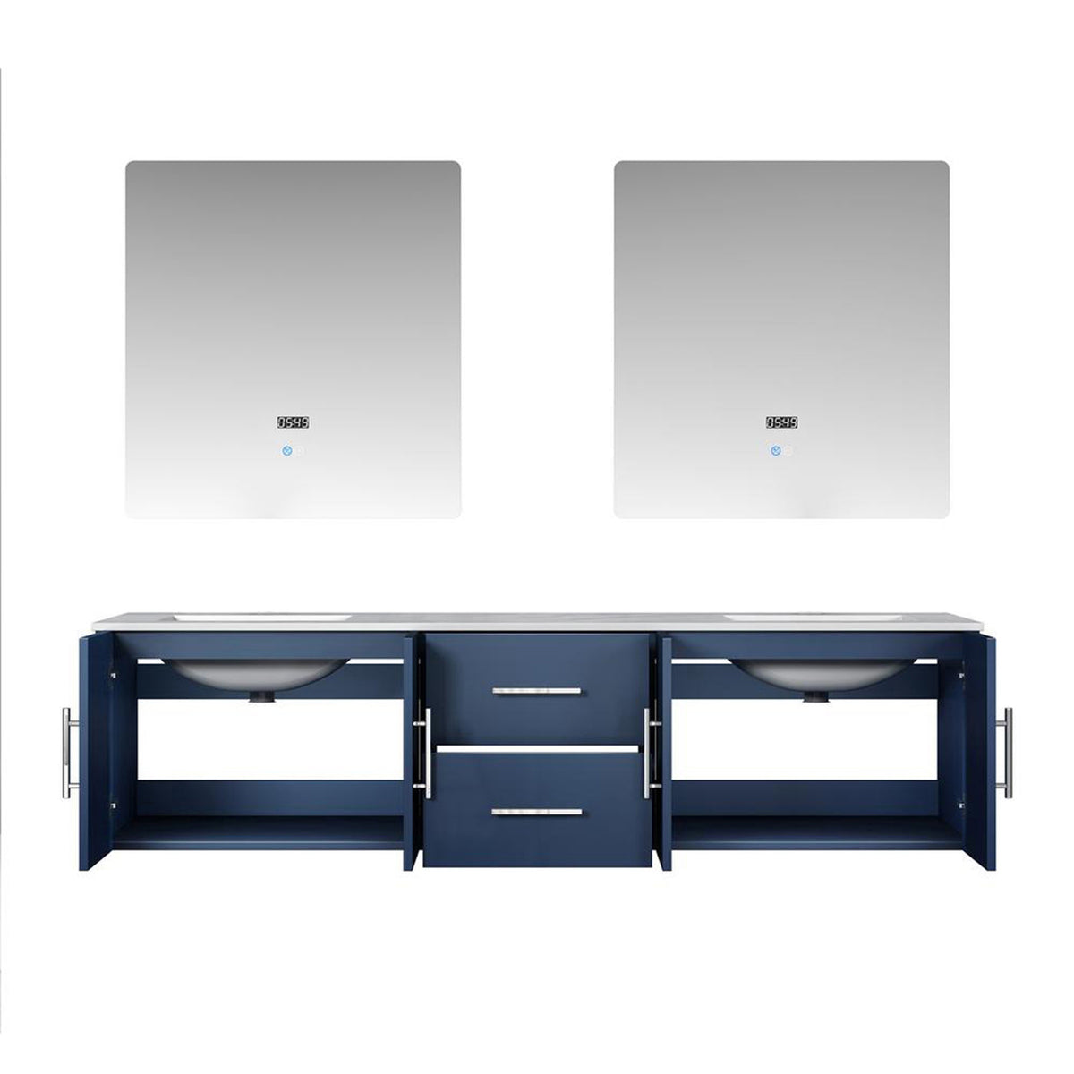 Lexora Geneva 72" Navy Blue Double Vanity, White Carrara Marble Top, White Square Sinks and 30" LED Mirrors - LG192272DEDSLM30 - MyBBQDirect