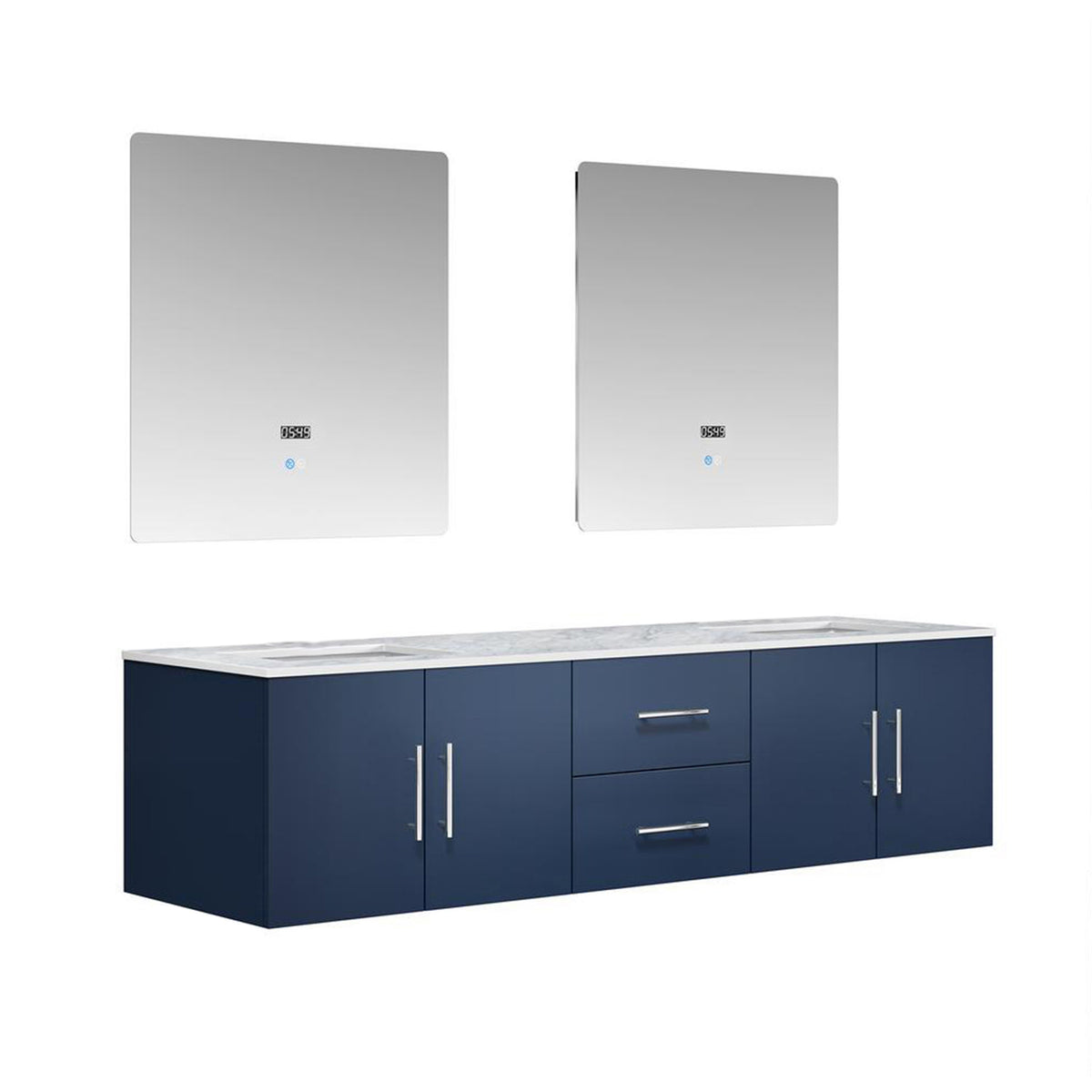 Lexora Geneva 72" Navy Blue Double Vanity, White Carrara Marble Top, White Square Sinks and 30" LED Mirrors - LG192272DEDSLM30 - MyBBQDirect