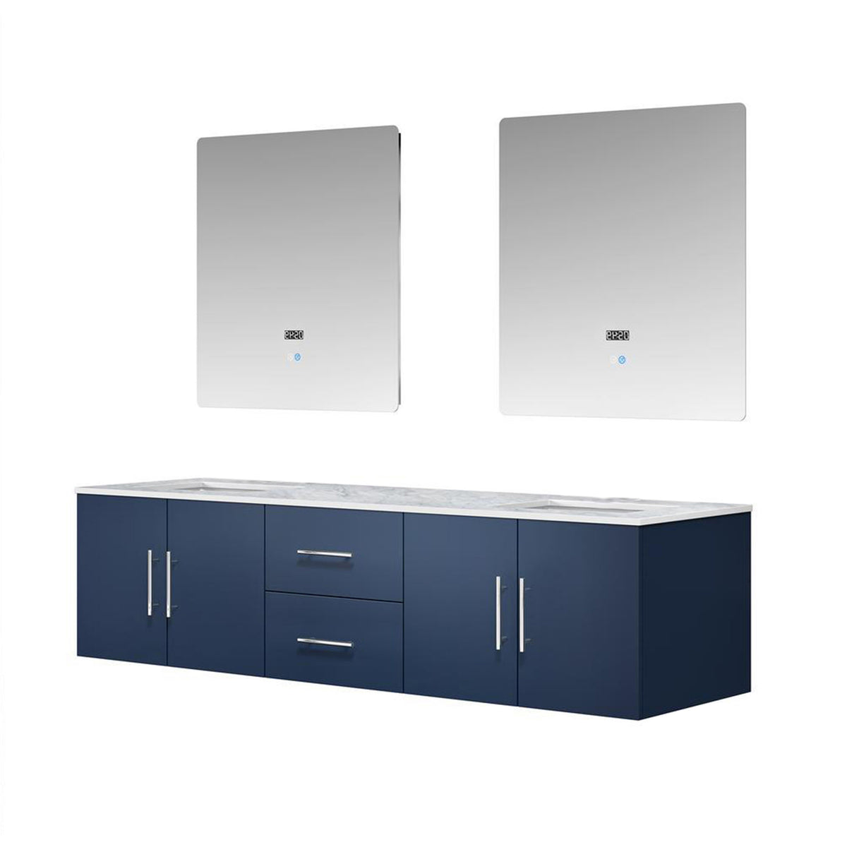 Lexora Geneva 72" Navy Blue Double Vanity, White Carrara Marble Top, White Square Sinks and 30" LED Mirrors - LG192272DEDSLM30 - MyBBQDirect