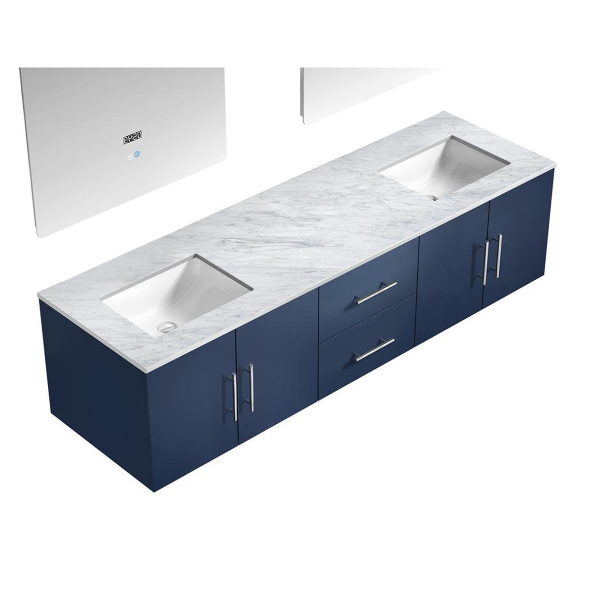 Lexora Geneva 72" Navy Blue Double Vanity, White Carrara Marble Top, White Square Sinks and 30" LED Mirrors - LG192272DEDSLM30 - MyBBQDirect