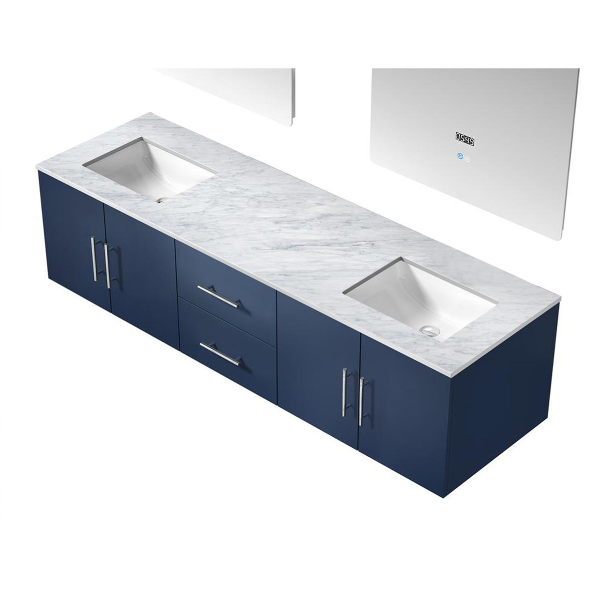 Lexora Geneva 72" Navy Blue Double Vanity, White Carrara Marble Top, White Square Sinks and 30" LED Mirrors - LG192272DEDSLM30 - MyBBQDirect
