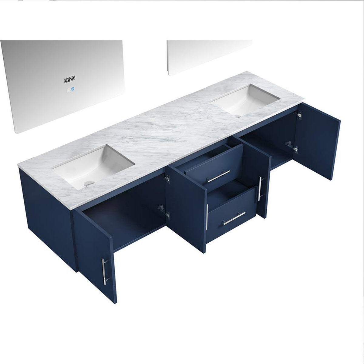 Lexora Geneva 72" Navy Blue Double Vanity, White Carrara Marble Top, White Square Sinks and 30" LED Mirrors - LG192272DEDSLM30 - MyBBQDirect