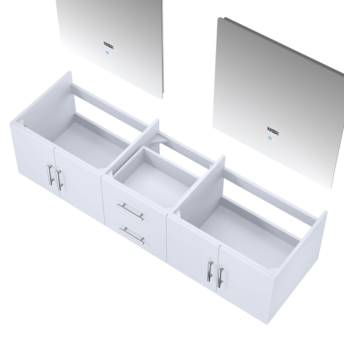 Lexora Geneva 72" Glossy White Double Vanity, no Top and 30" LED Mirrors LG192272DM00LM30 - MyBBQDirect