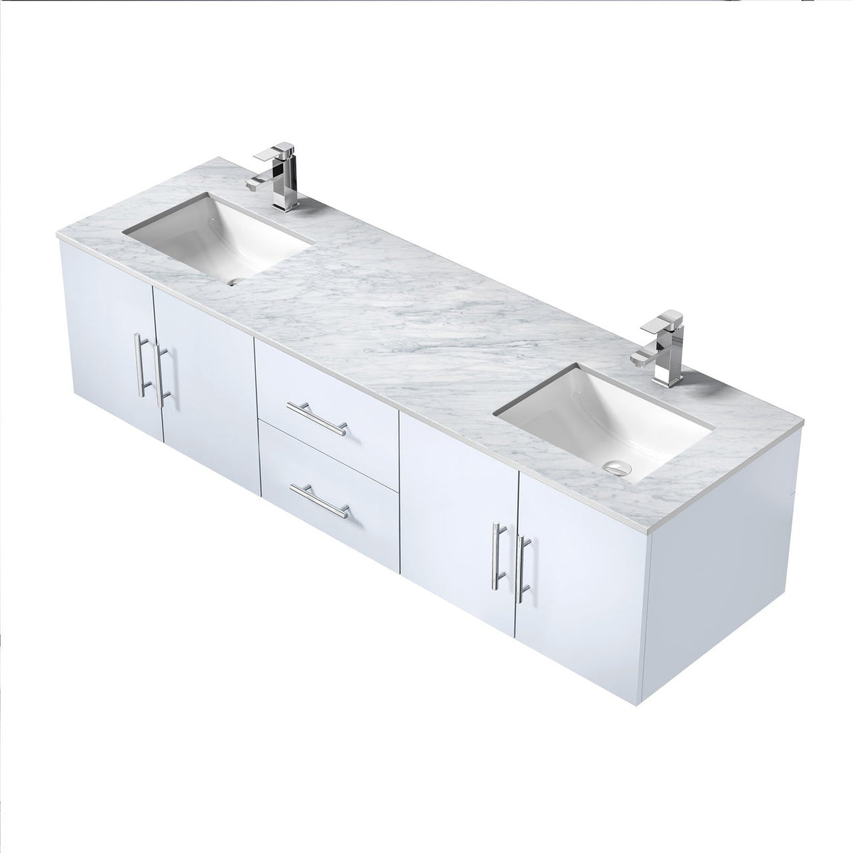Lexora Geneva 72" Glossy White Double Vanity, White Carrara Marble Top, White Square Sinks and no Mirror LG192272DMDS000 - MyBBQDirect