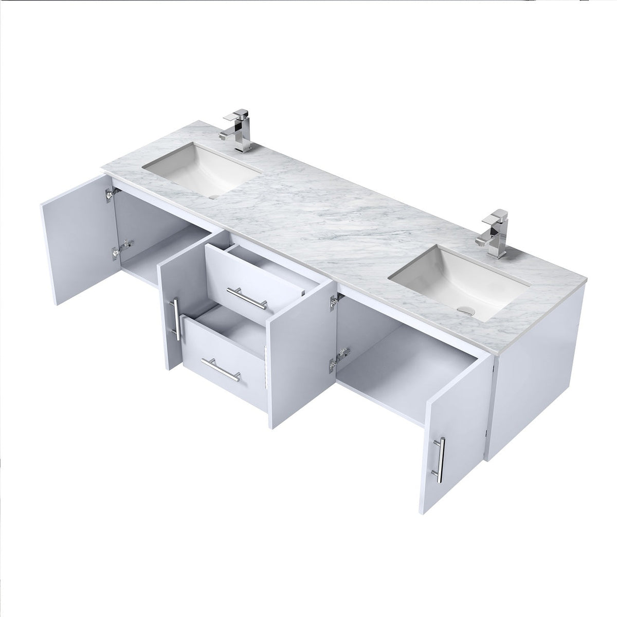 Lexora Geneva 72" Glossy White Double Vanity, White Carrara Marble Top, White Square Sinks and no Mirror LG192272DMDS000 - MyBBQDirect