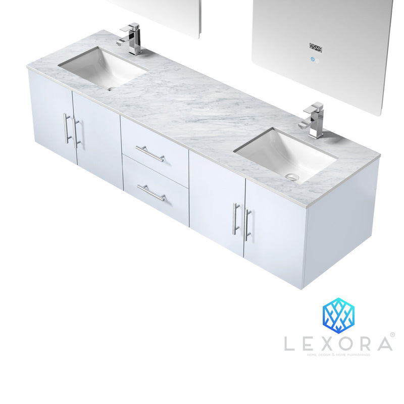 Lexora Geneva 72" Glossy White Double Vanity, White Carrara Marble Top, White Square Sinks and 30" LED Mirrors LG192272DMDSLM30